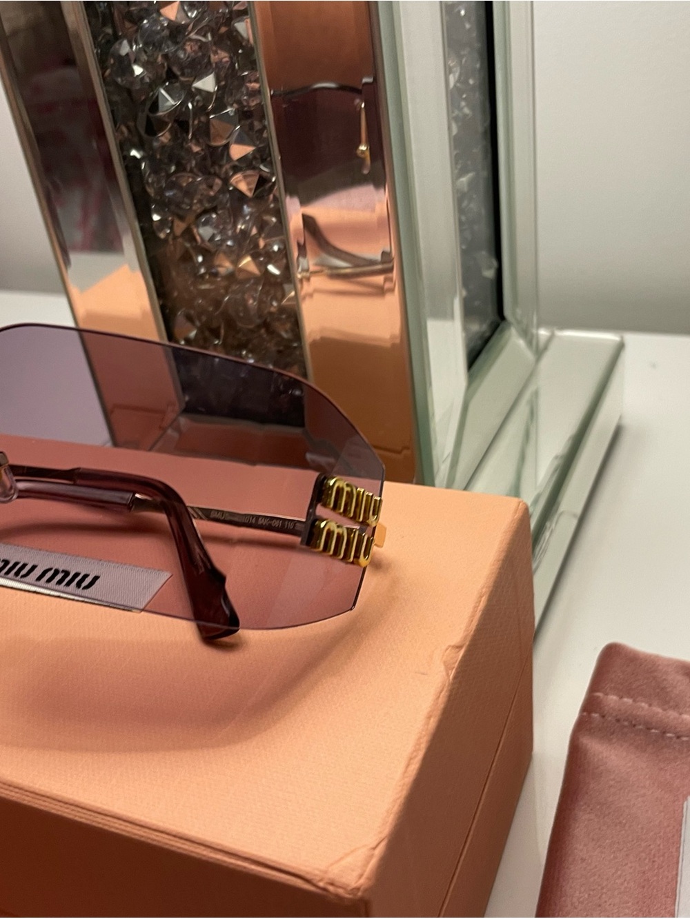 Miu Miu Rimless Rectangular Sunglasses in Rose Pink with Gold Accents - Picture 3 of 5